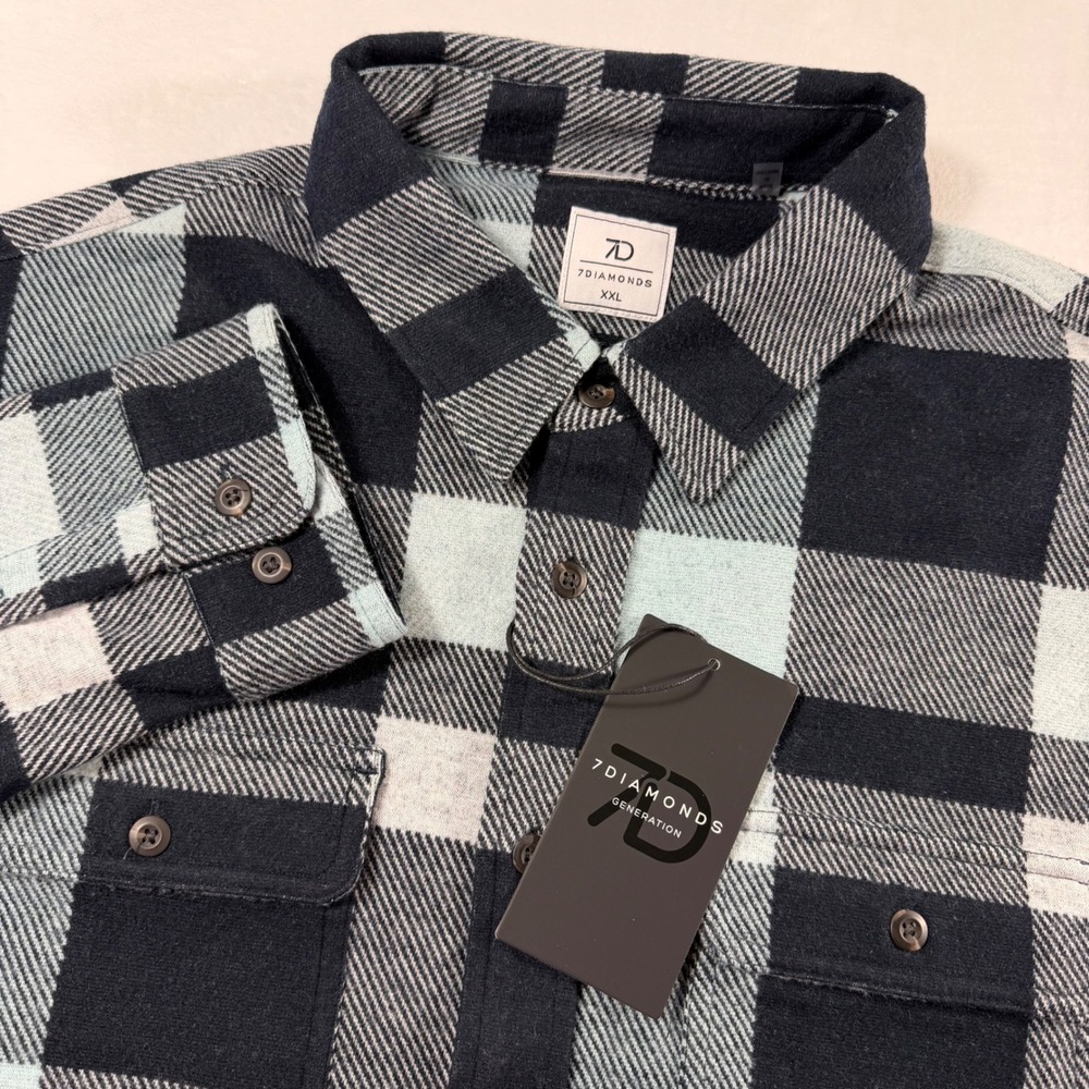7 Diamonds Generation Plaid Shirt Mens XXL Blue Black Stretch Flannel NWT